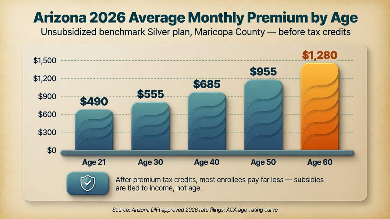 Arizona 2026 average unsubsidized Silver monthly premium by age, rising from about $490 at age 21 to about $1,280 at age 60 in Maricopa County