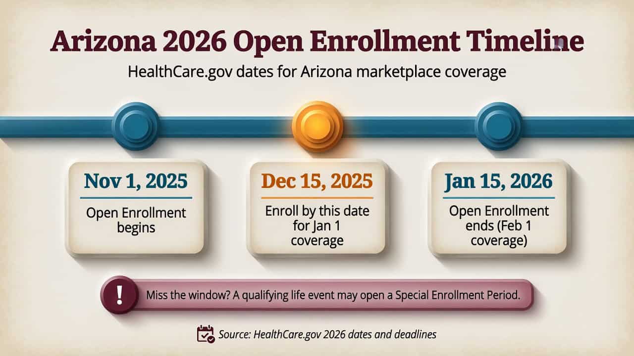 Arizona 2026 marketplace Open Enrollment timeline showing the November 1 start, December 15 deadline, and January 15 close