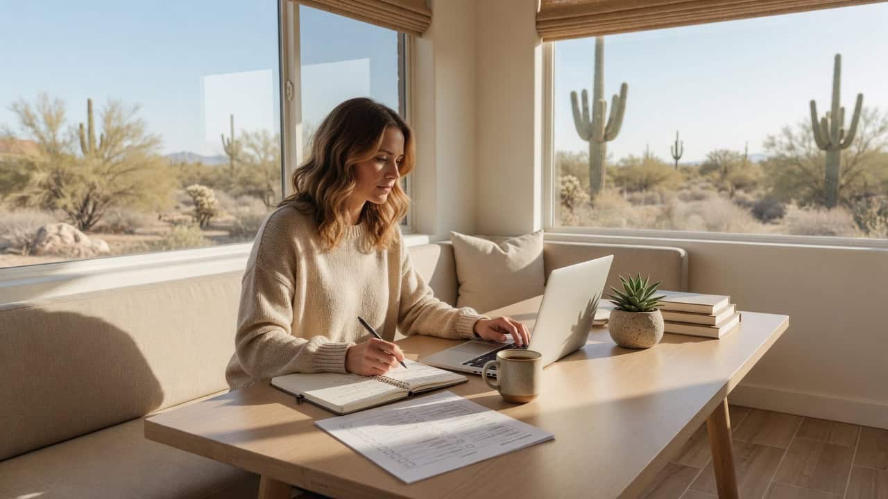 Arizona resident enrolling in a 2026 marketplace health plan on a laptop with enrollment paperwork