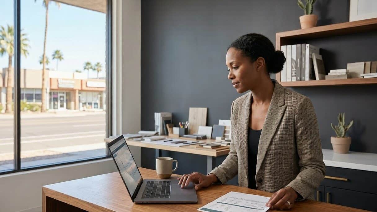 Arizona small business owner reviewing group health insurance options on a laptop at her place of business