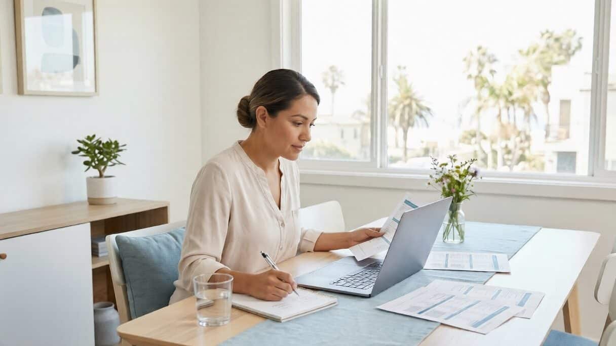 California resident reviewing 2026 health insurance costs and subsidy options on a laptop at a dining table in Long Beach
