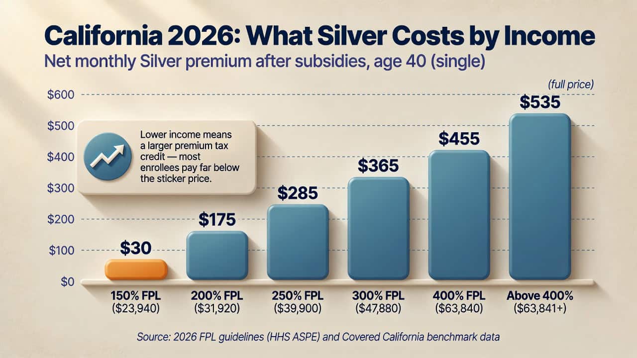 California 2026 premium tax credit subsidy amounts by income level chart — monthly subsidy and net Silver plan cost by FPL percentage