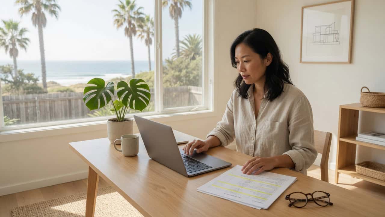 California resident comparing 2026 Covered California health insurance carriers on a laptop at a home office desk in San Diego