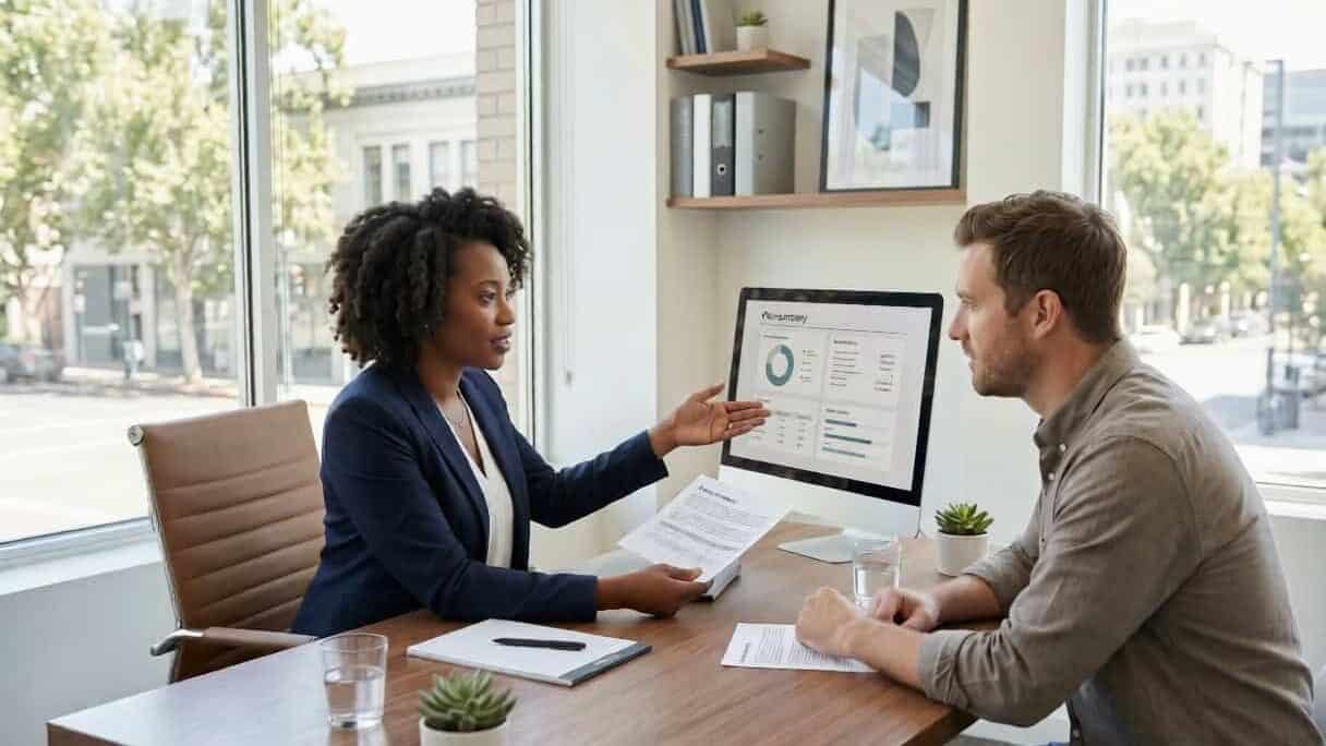 Licensed California health insurance broker reviewing 2026 plan options with a client across a desk in a Sacramento office