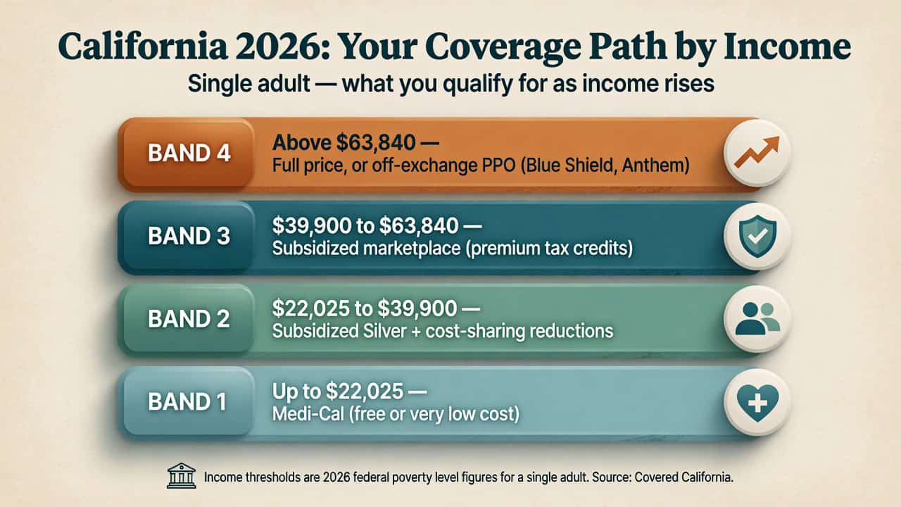 California 2026 individual coverage pathways by income for a single adult: Medi-Cal, subsidized marketplace, and full-price or off-exchange PPO