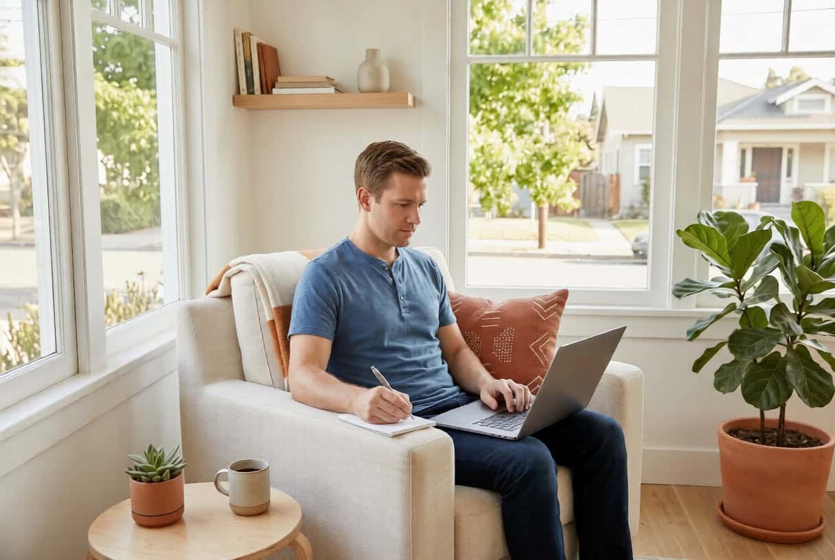 Self-employed Californian reviewing individual health insurance options on a laptop in a bright Oakland home sunroom