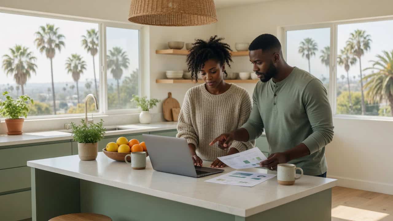 California couple reviewing 2026 Covered California health insurance options on a laptop at their kitchen island in Los Angeles