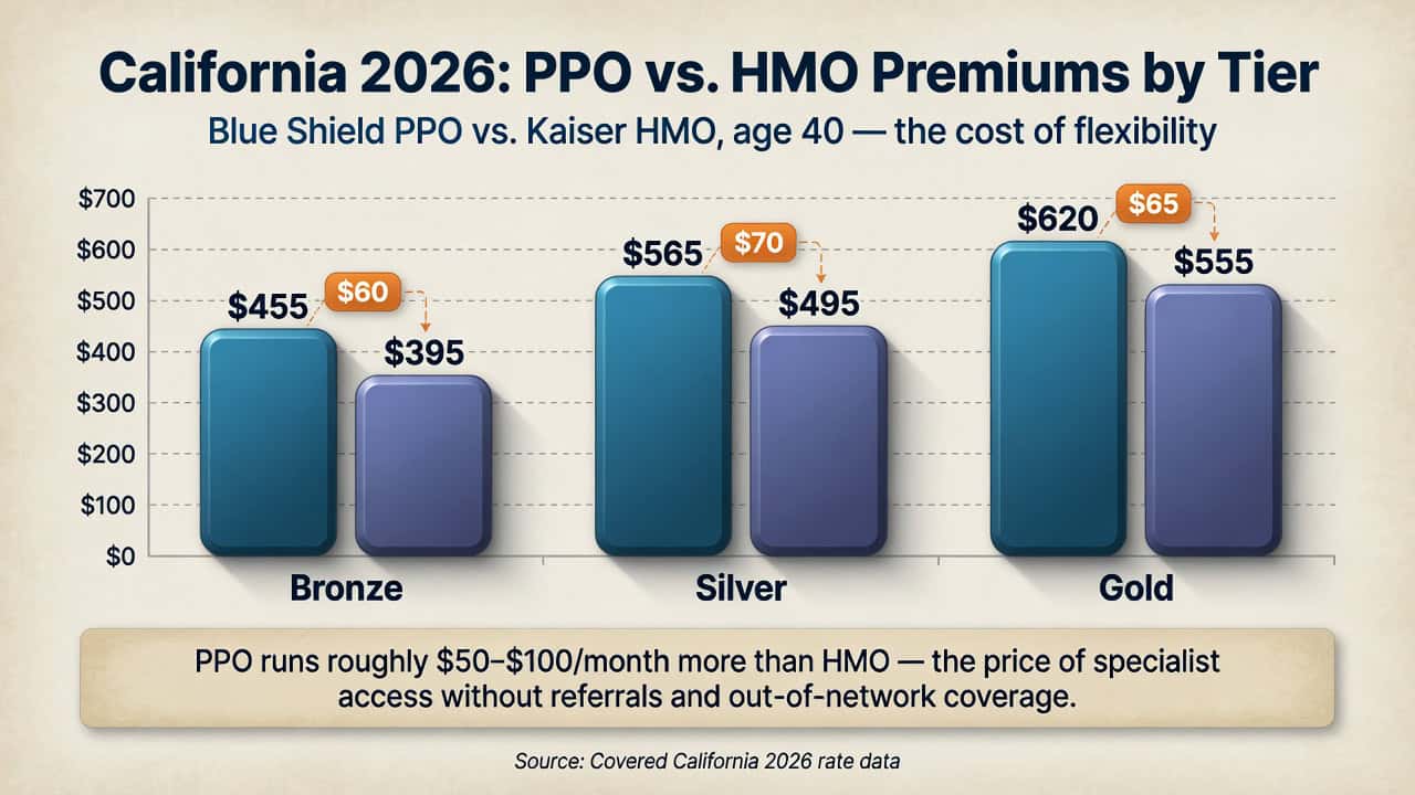 California 2026 PPO versus HMO monthly premiums by metal tier for a 40-year-old: Blue Shield PPO runs about $50 to $100 more than Kaiser HMO