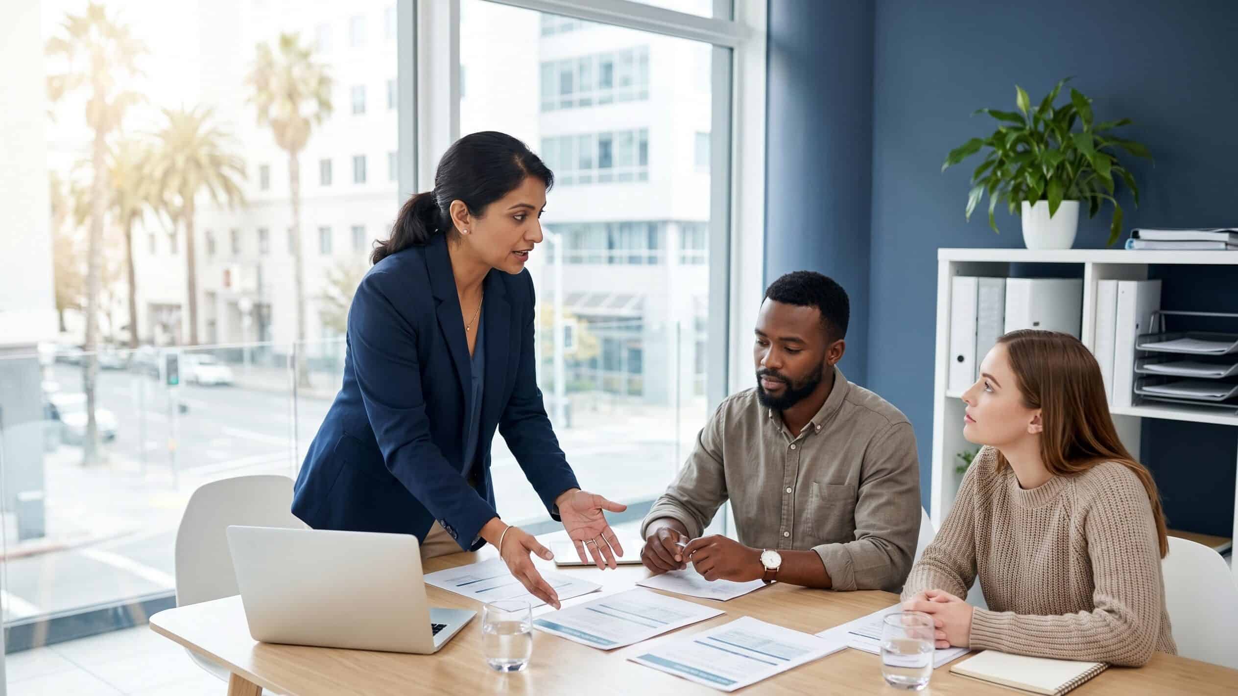 California small business owner reviewing 2026 group health insurance options with employees in a San Jose office