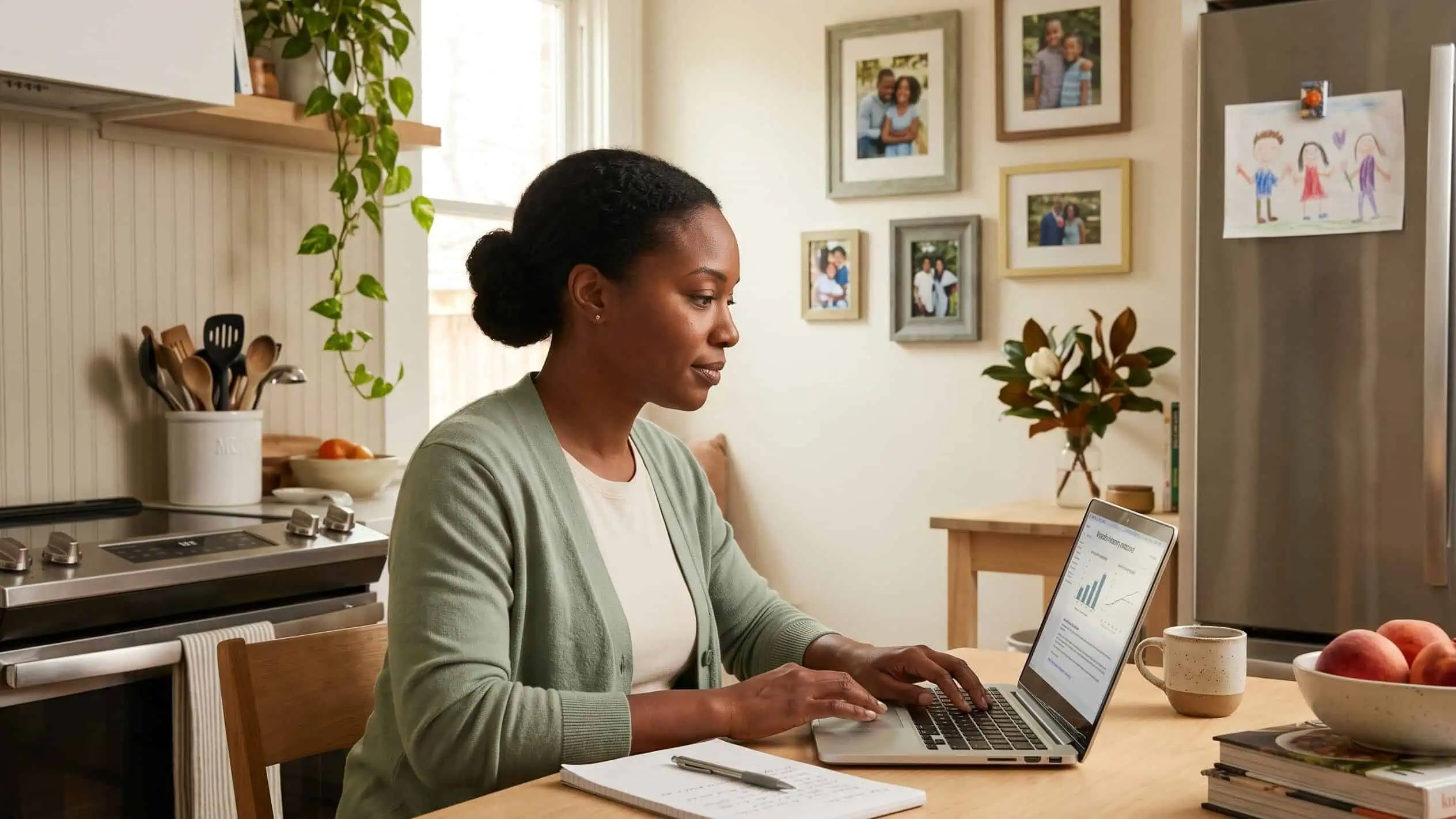 Georgia resident reviewing 2026 health insurance plan options on a laptop at her kitchen table in an Atlanta home