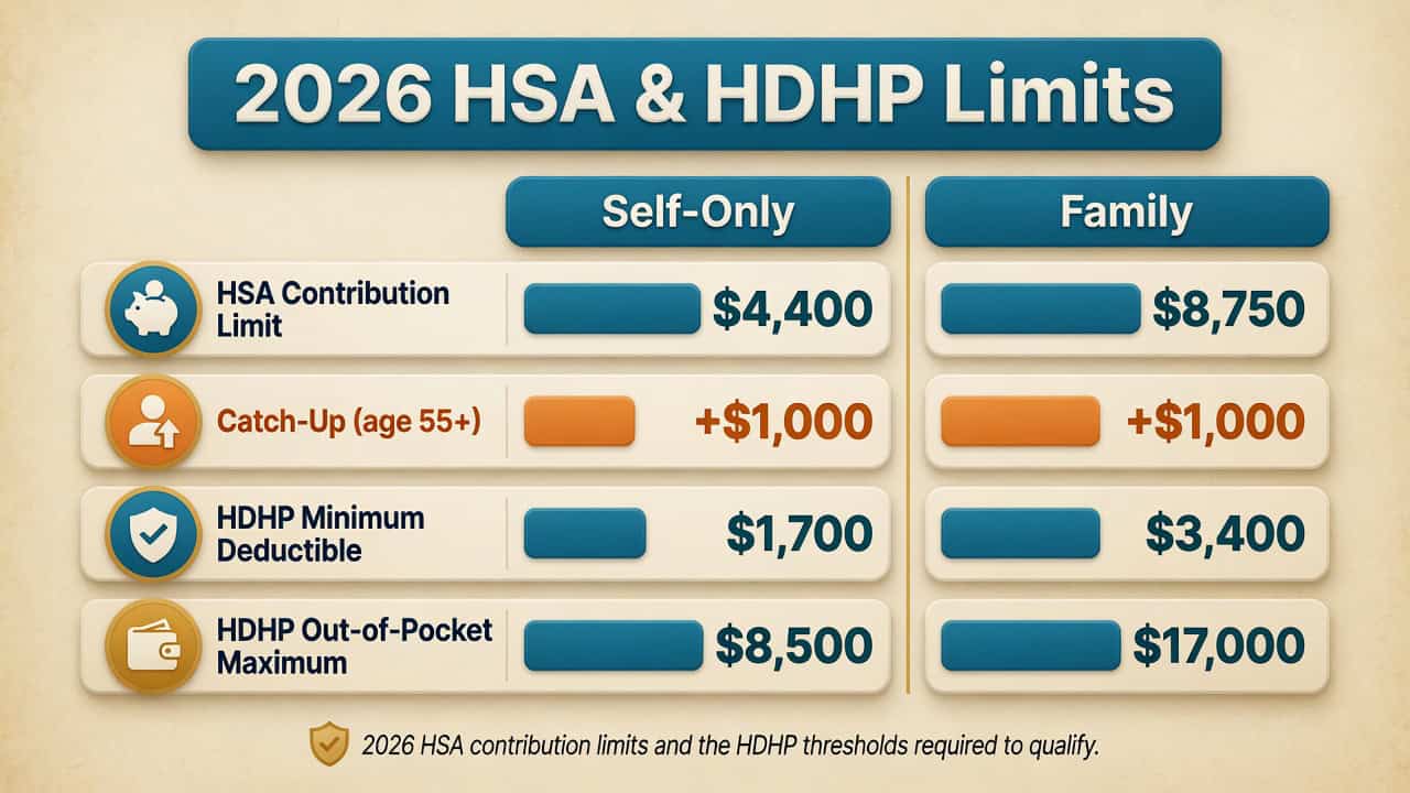 Chart of 2026 HSA contribution limits, HDHP minimum deductibles, and out-of-pocket maximums for self-only and family coverage