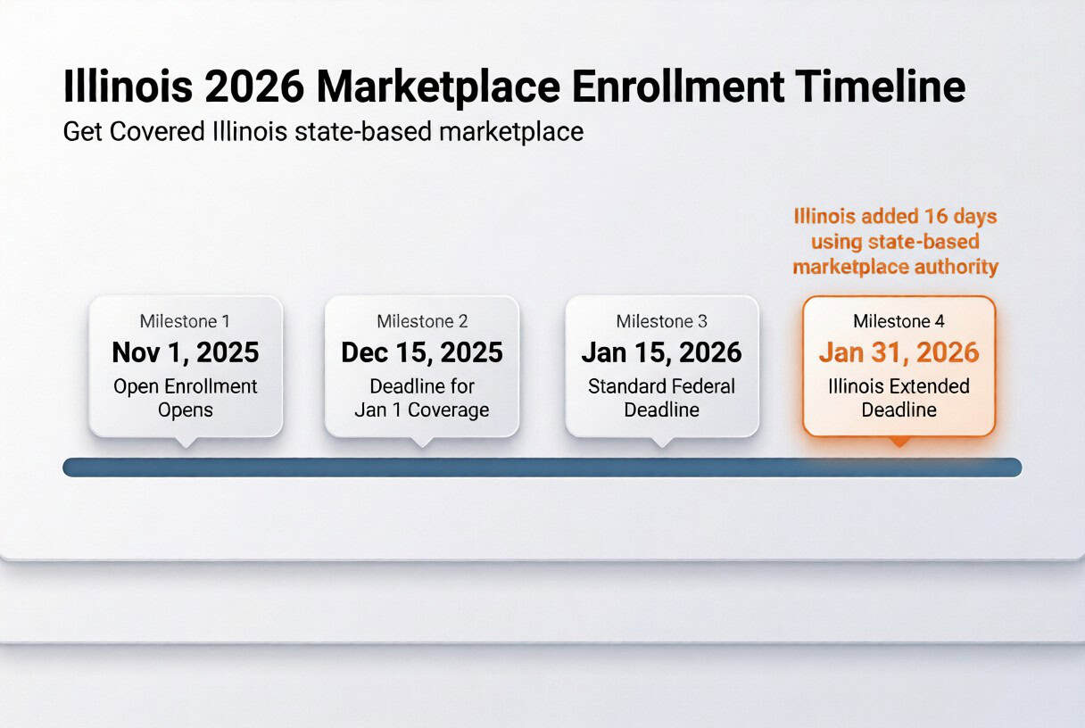 Illinois 2026 open enrollment timeline showing November 1 to January 31 extended deadline through Get Covered Illinois