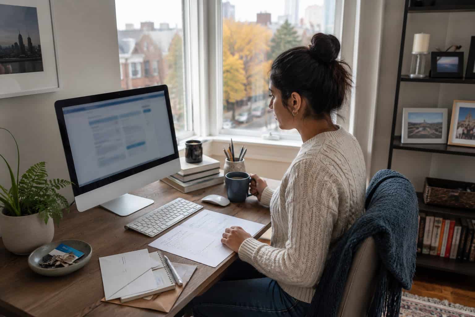 Illinois resident at home desk completing Get Covered Illinois marketplace enrollment on a desktop computer in 2026