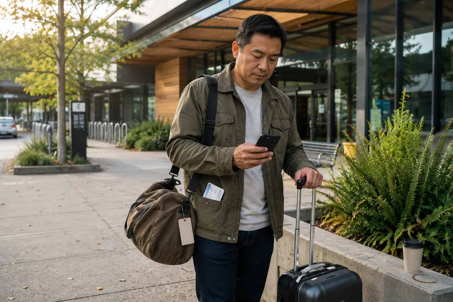 Traveler checking nationwide PPO health insurance coverage on a phone outside before a trip