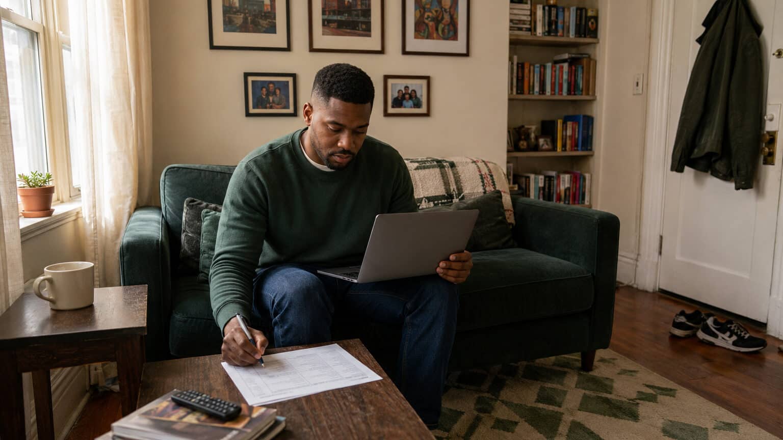 Alt: Black man in his early 30s on a Newark living room couch reviewing 2026 NJ health insurance cost and savings options on a laptop