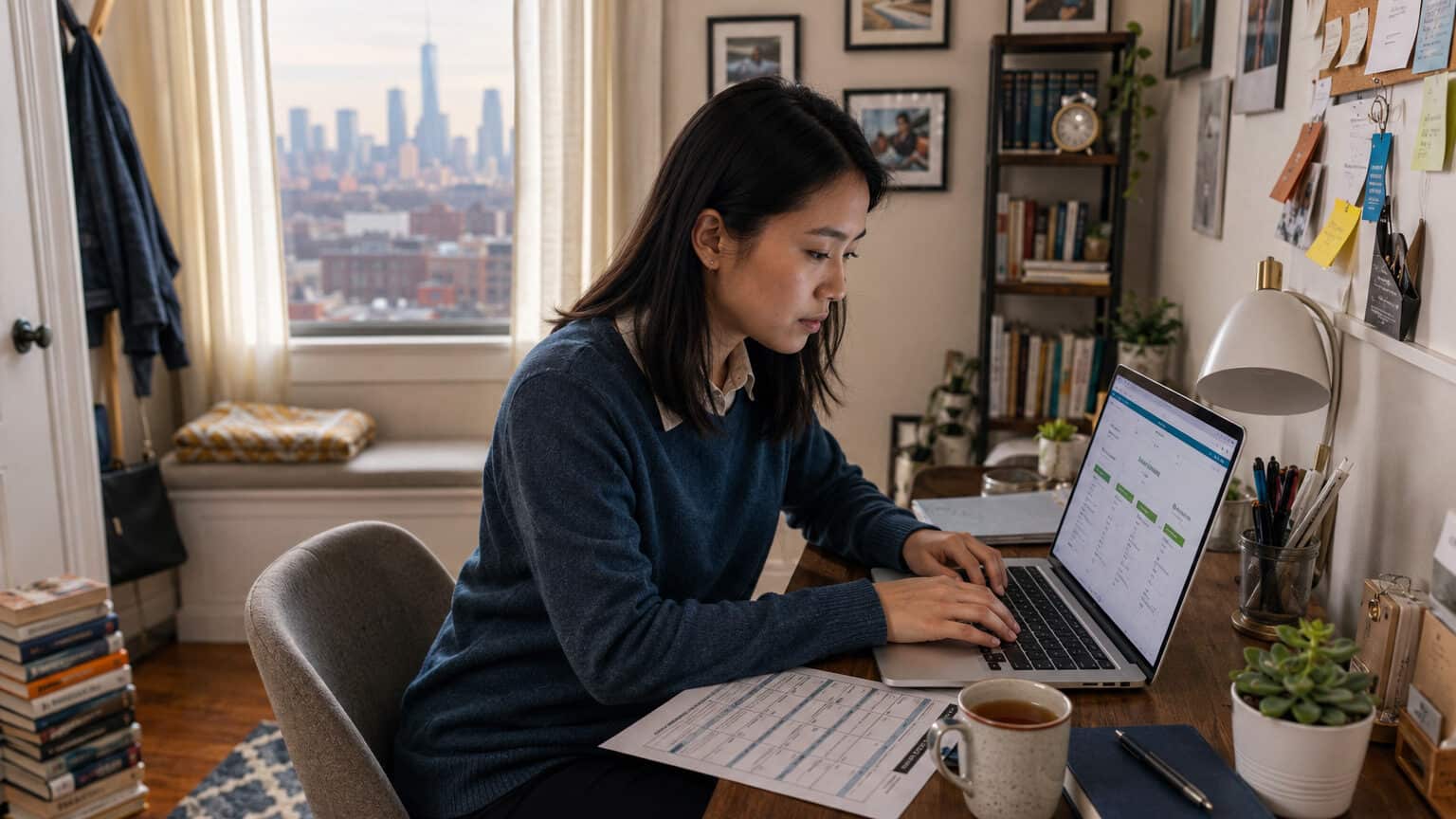 Alt: East Asian woman at a Jersey City apartment desk researching 2026 GetCoveredNJ marketplace plans on a laptop