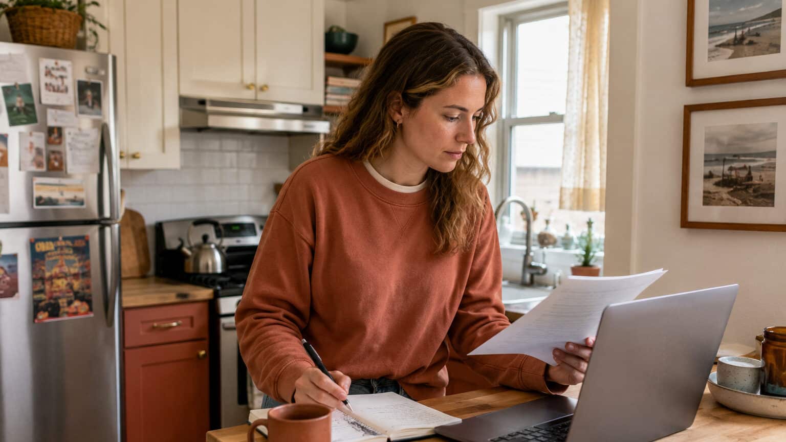Alt: White woman in her late 20s at an Asbury Park kitchen counter researching 2026 NJ short-term coverage gap options on a laptop