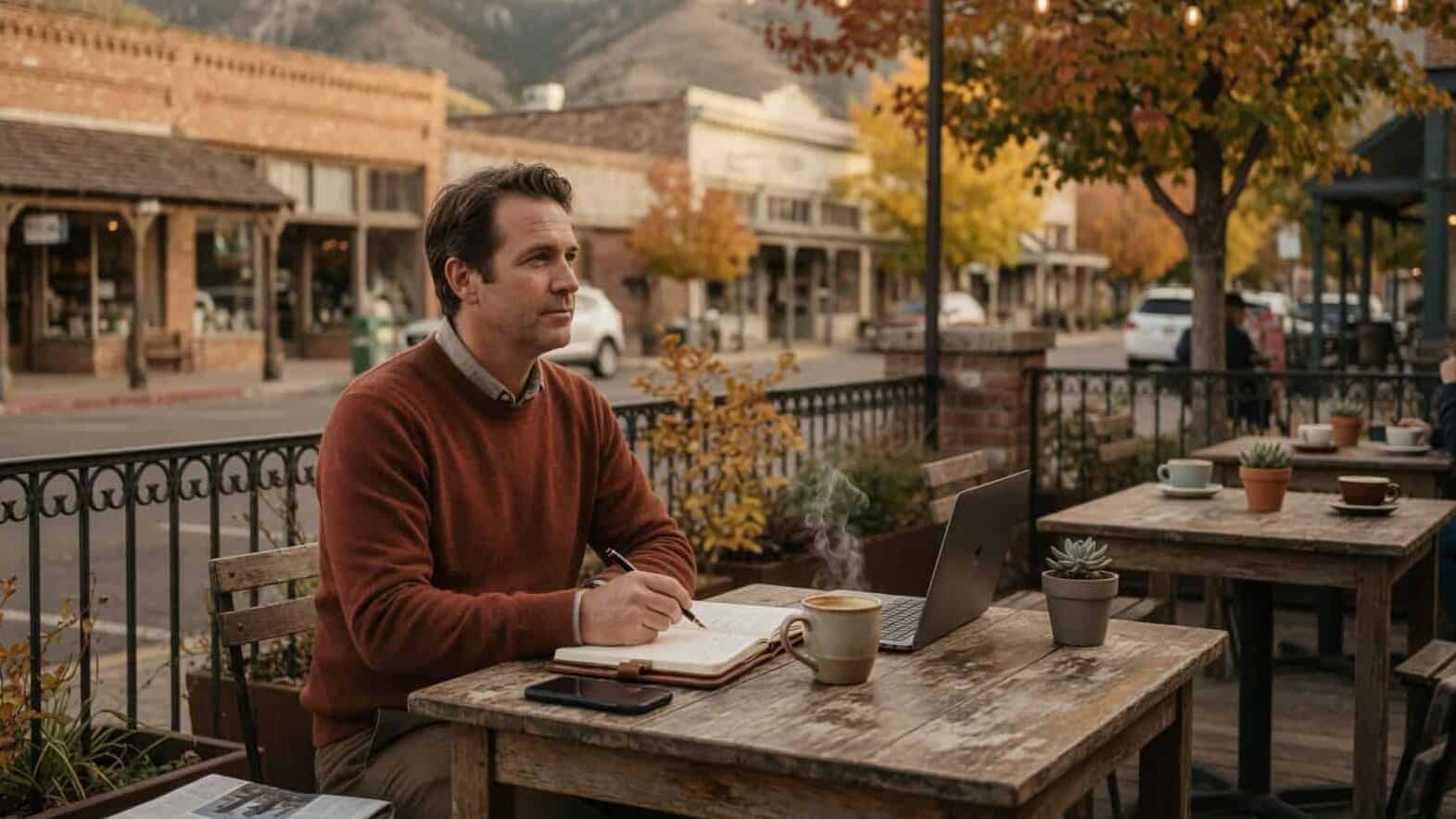Self-employed Nevadan writing notes about 2026 carrier choices at a Carson City outdoor cafe patio