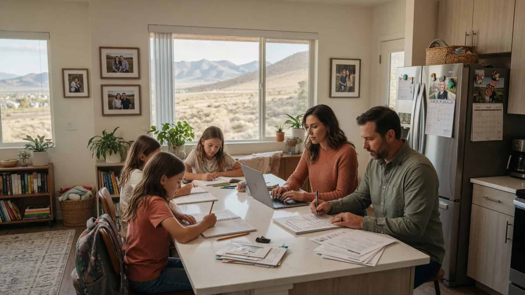 Nevada family at a kitchen island in Reno comparing 2026 Nevada Health Link plan options on a laptop