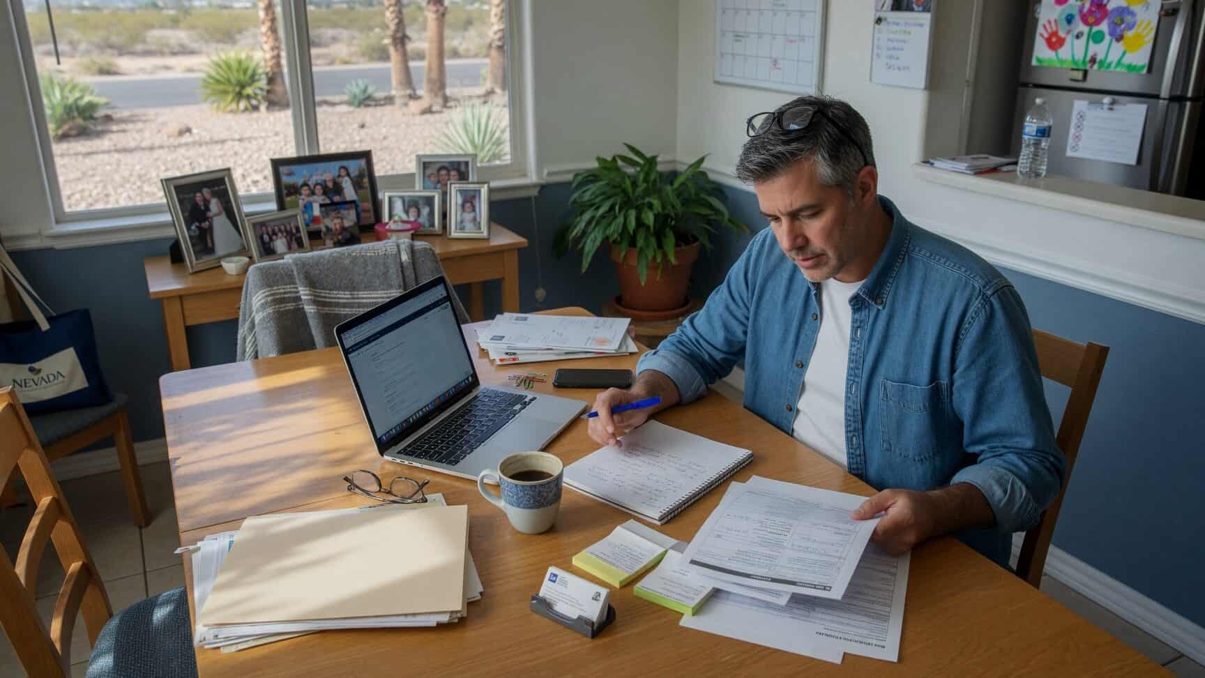 Spring Valley Nevada professional reviewing health coverage options between jobs at a home dining table