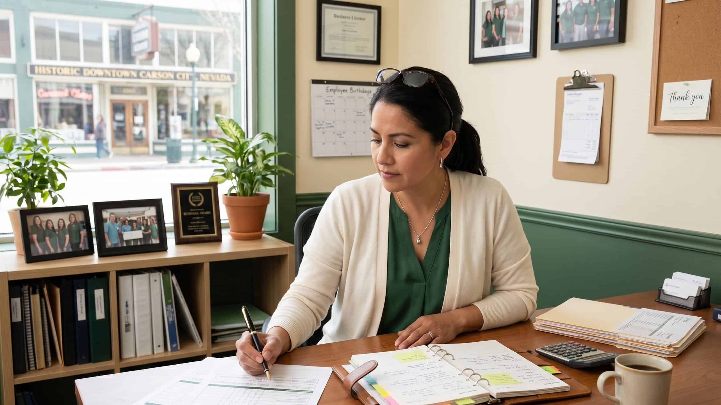 Carson City Nevada small business owner reviewing 2026 group health insurance plan options at her office desk