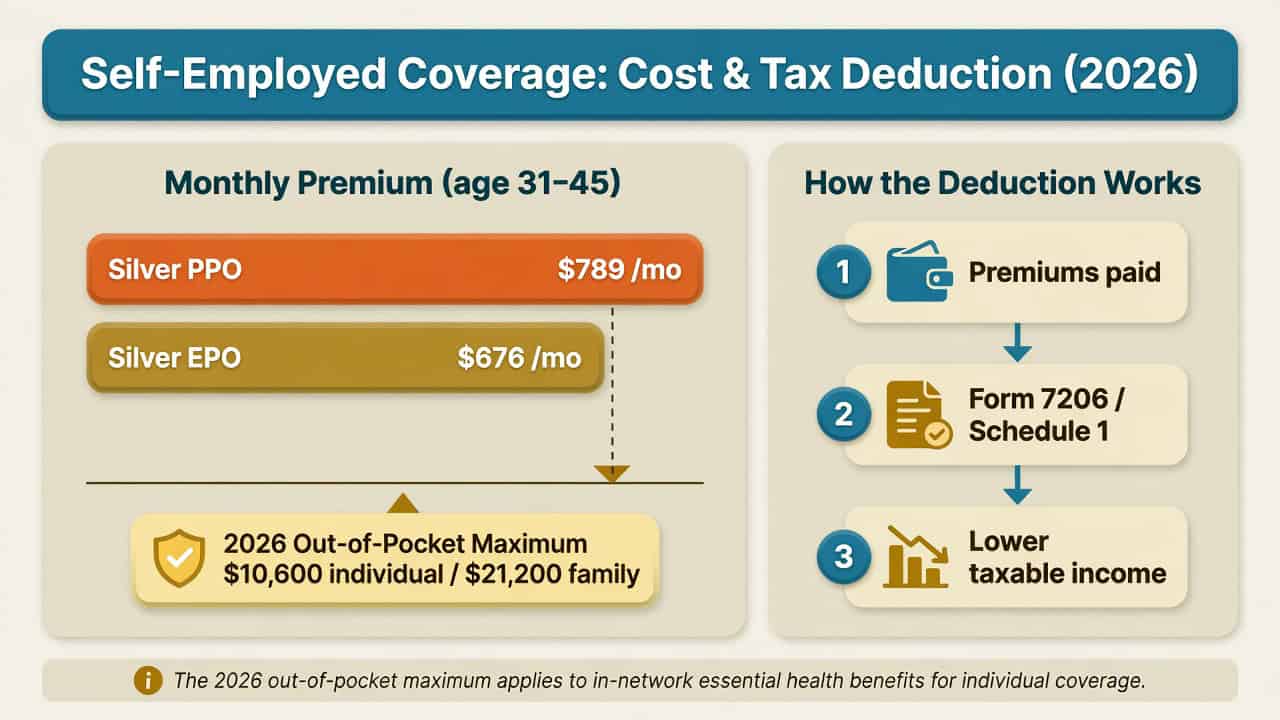 Infographic showing 2026 self-employed health insurance monthly premium ranges and how the self-employed health insurance deduction lowers taxable income