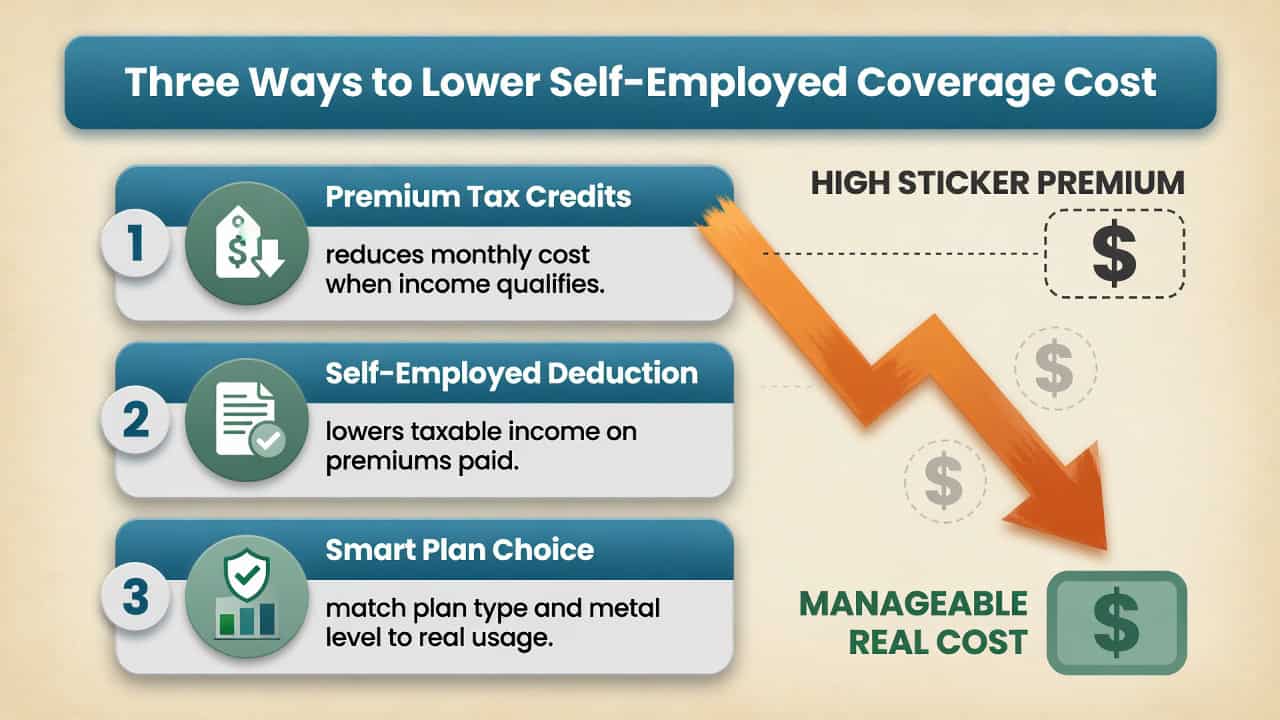 Visual showing the three levers that reduce self-employed health insurance cost: premium tax credits, the deduction, and smart plan choice