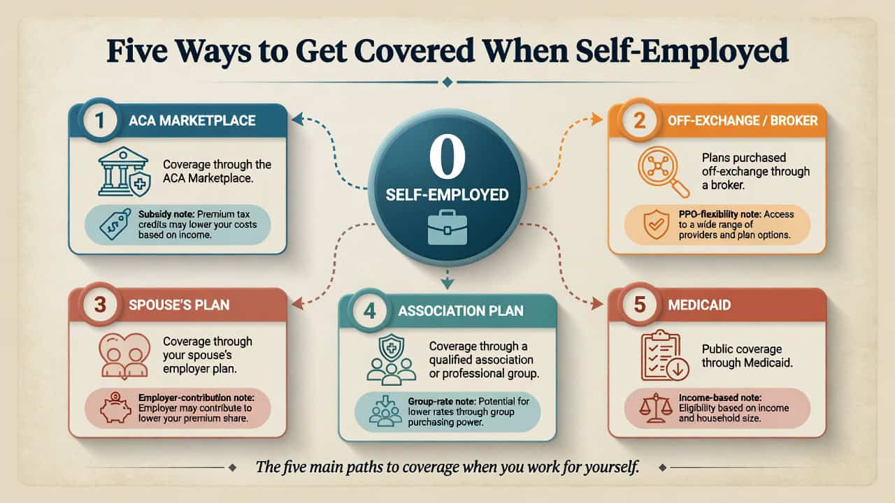 Visual map of the five main health insurance paths for self-employed workers: marketplace, off-exchange, spouse plan, association, and Medicaid