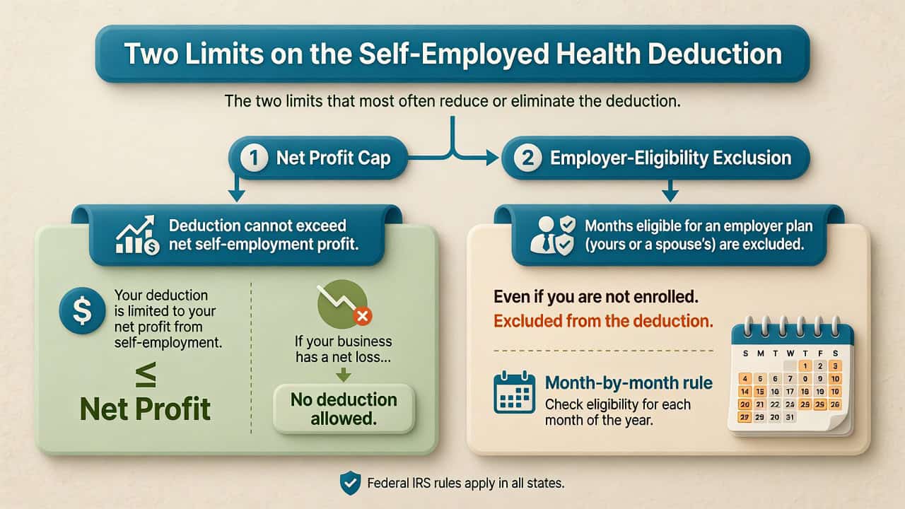 Flow diagram showing the two main limits on the self-employed health insurance deduction: net profit cap and employer-eligibility exclusion