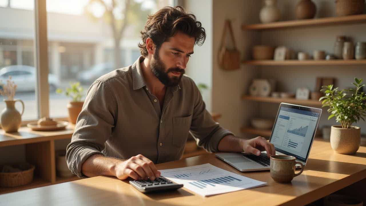 Self-employed man reviewing health insurance costs and a budget on a laptop at a small shop counter