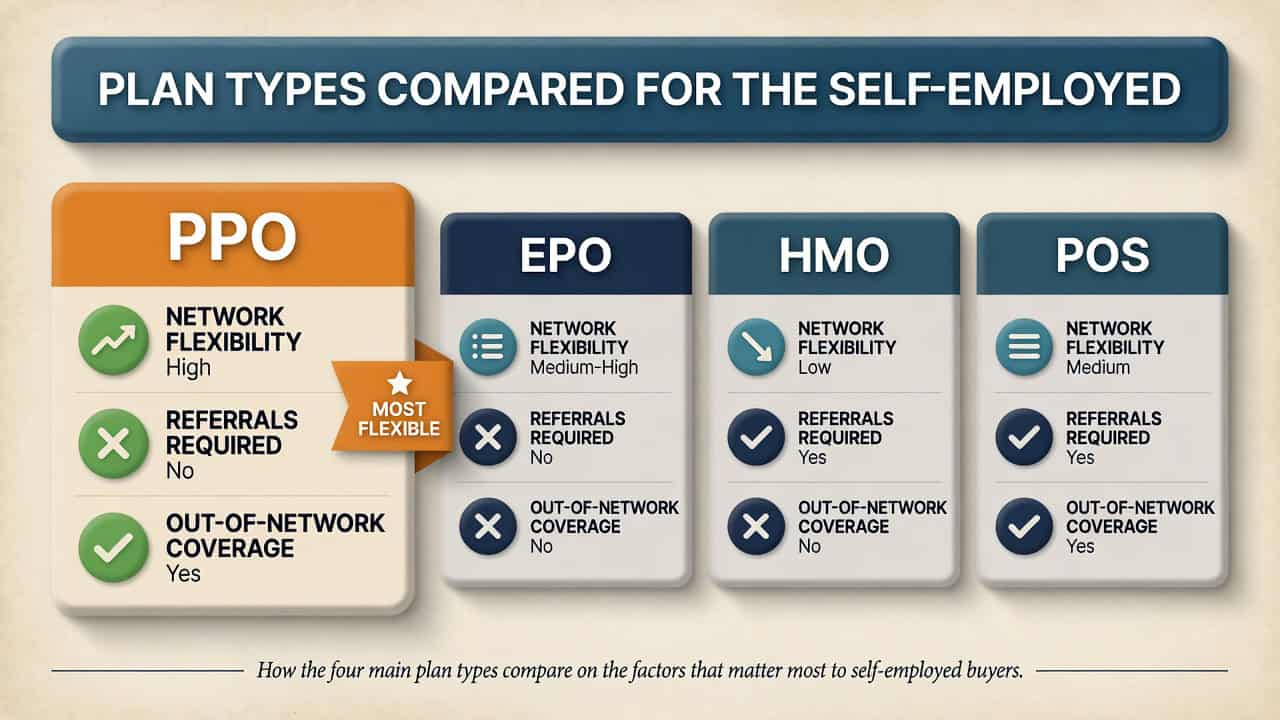 Comparison visual of PPO, EPO, HMO, and POS plan types by flexibility, referrals, and out-of-network coverage for the self-employed