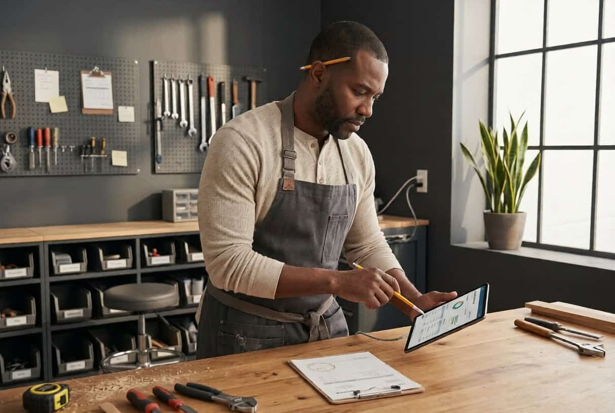 Self-employed business owner reviewing health insurance coverage on a tablet during a break in a small studio workshop