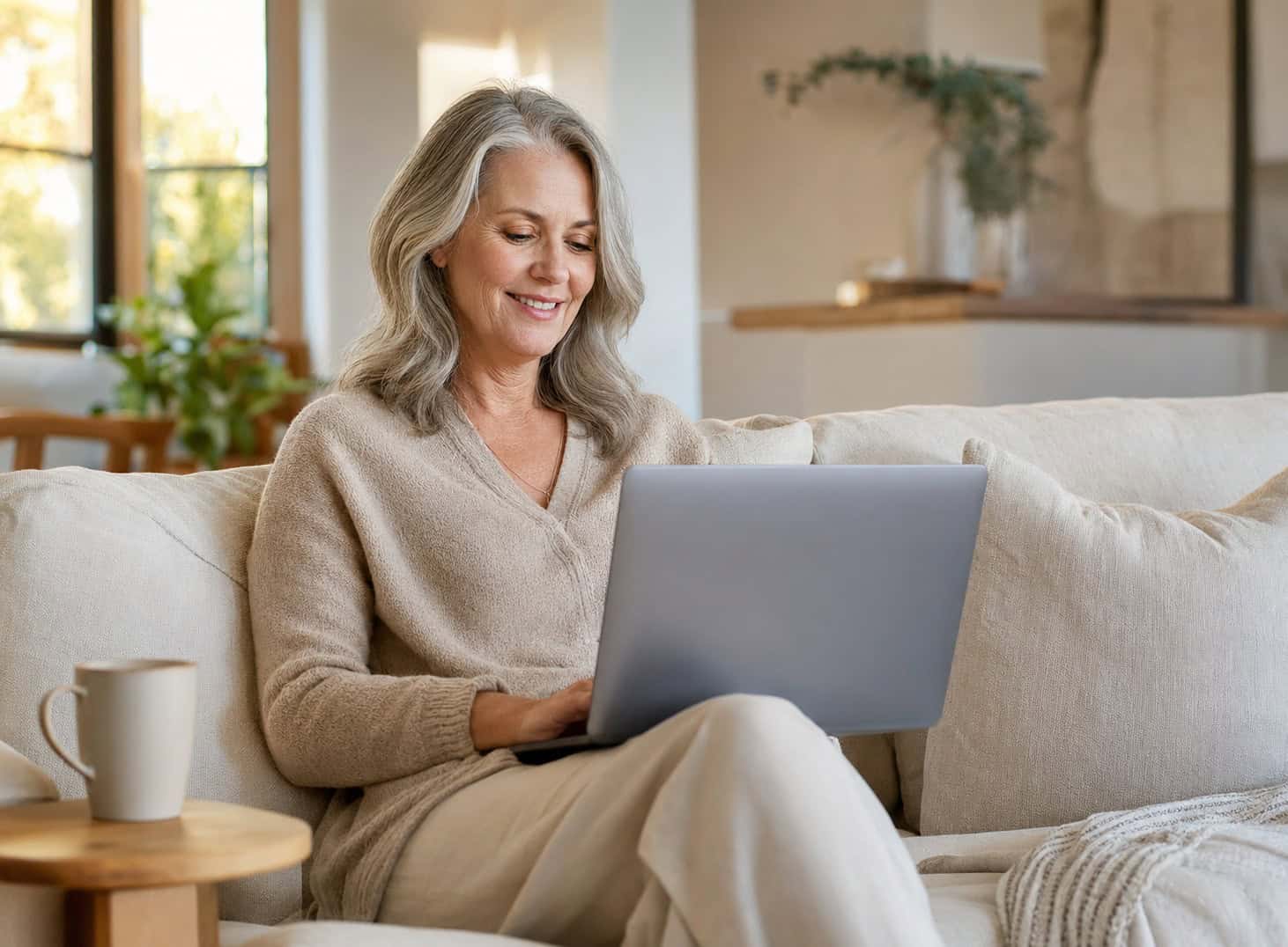 A woman comfortably shopping for a health plan on her laptop at home