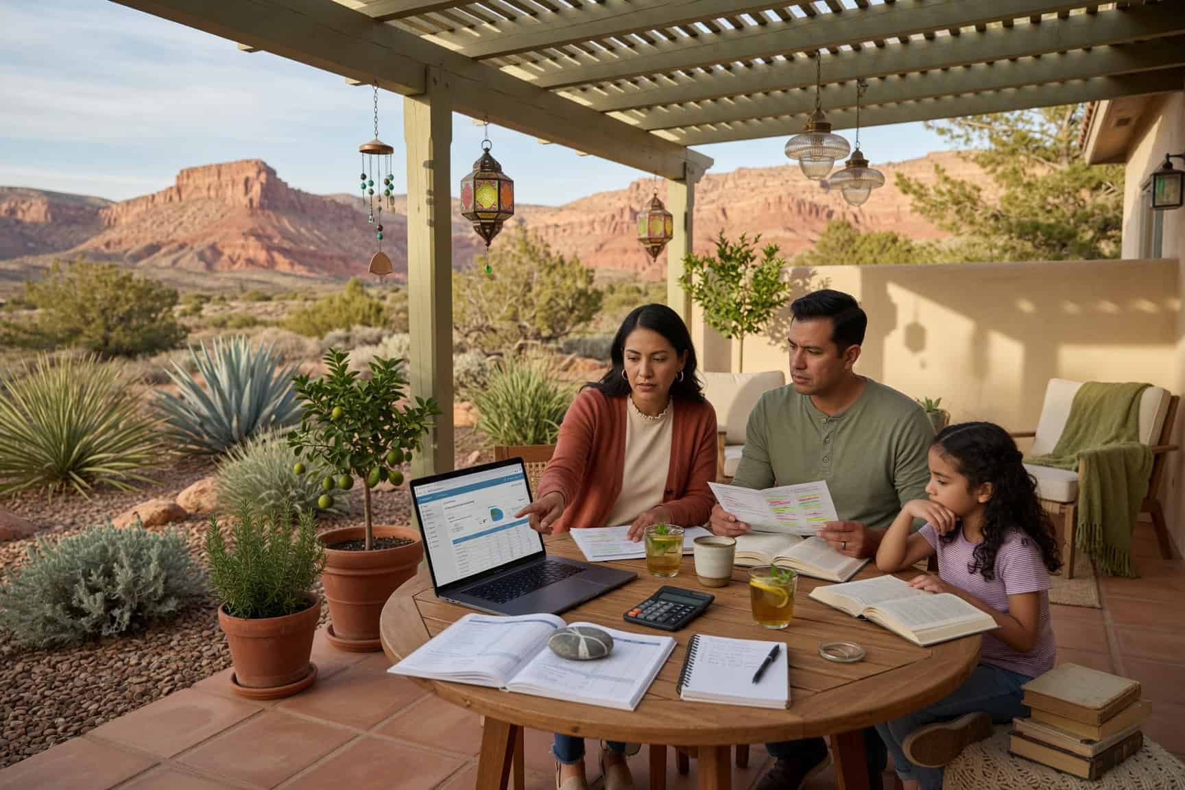 St. George Utah family at backyard patio table reviewing 2026 health insurance budget after the 14.2 percent rate increase