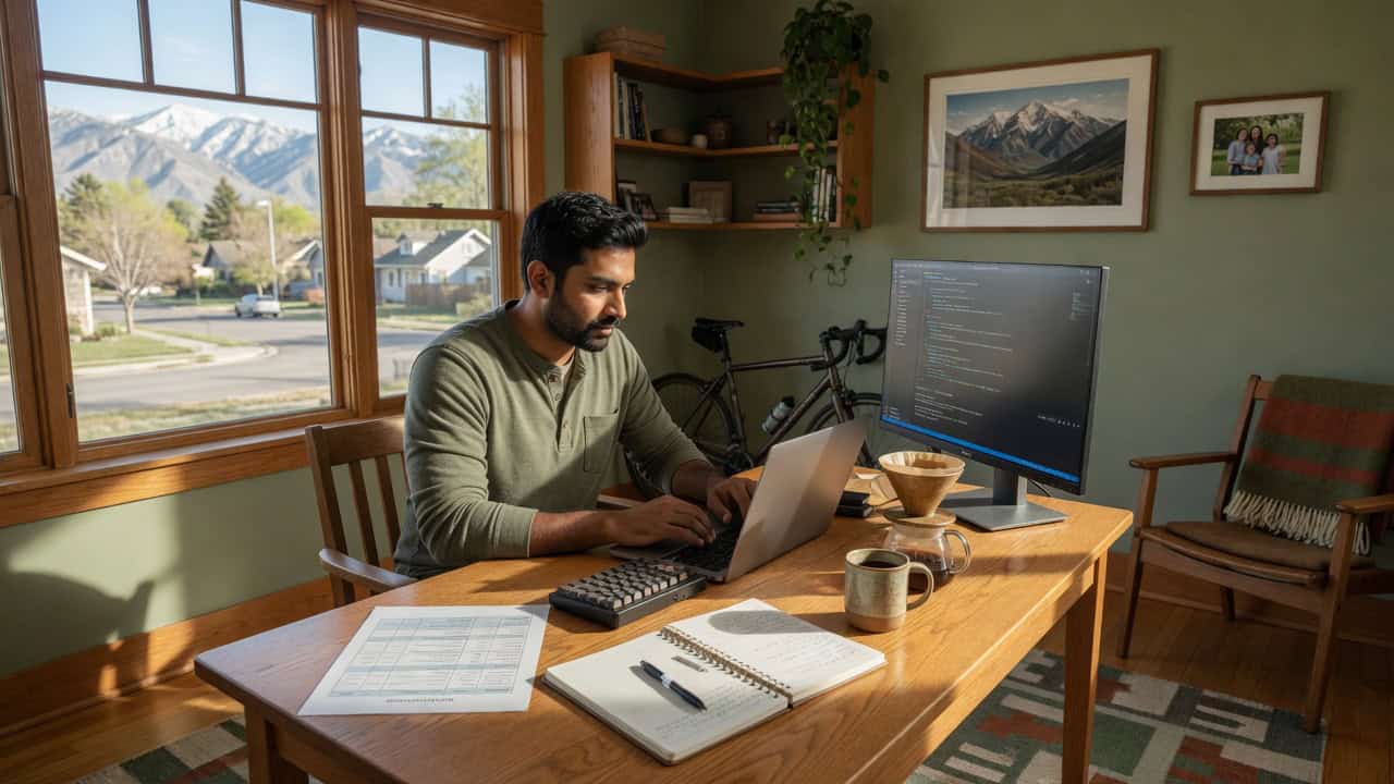 Salt Lake City Utah self-employed software contractor comparing 2026 individual health insurance options in a 9th and 9th bungalow home office