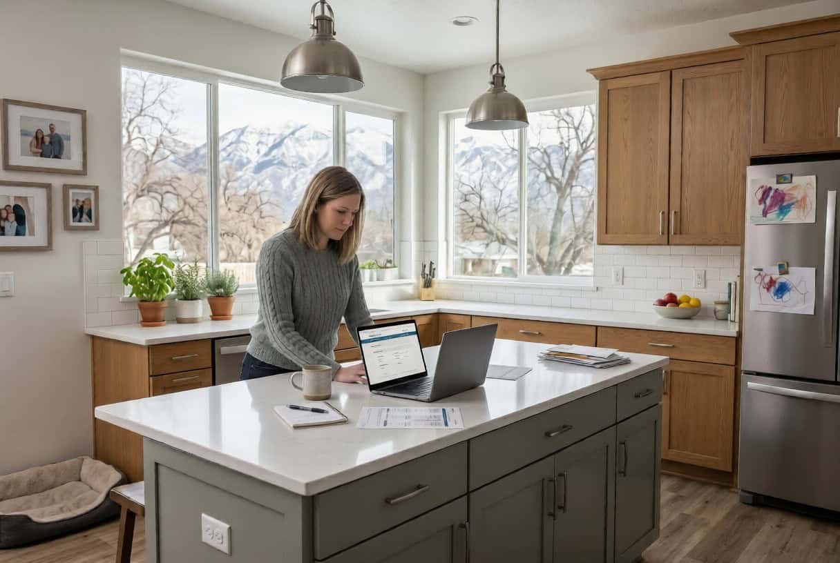 Provo Utah woman comparing 2027 Utah health insurance marketplace plans at her kitchen island