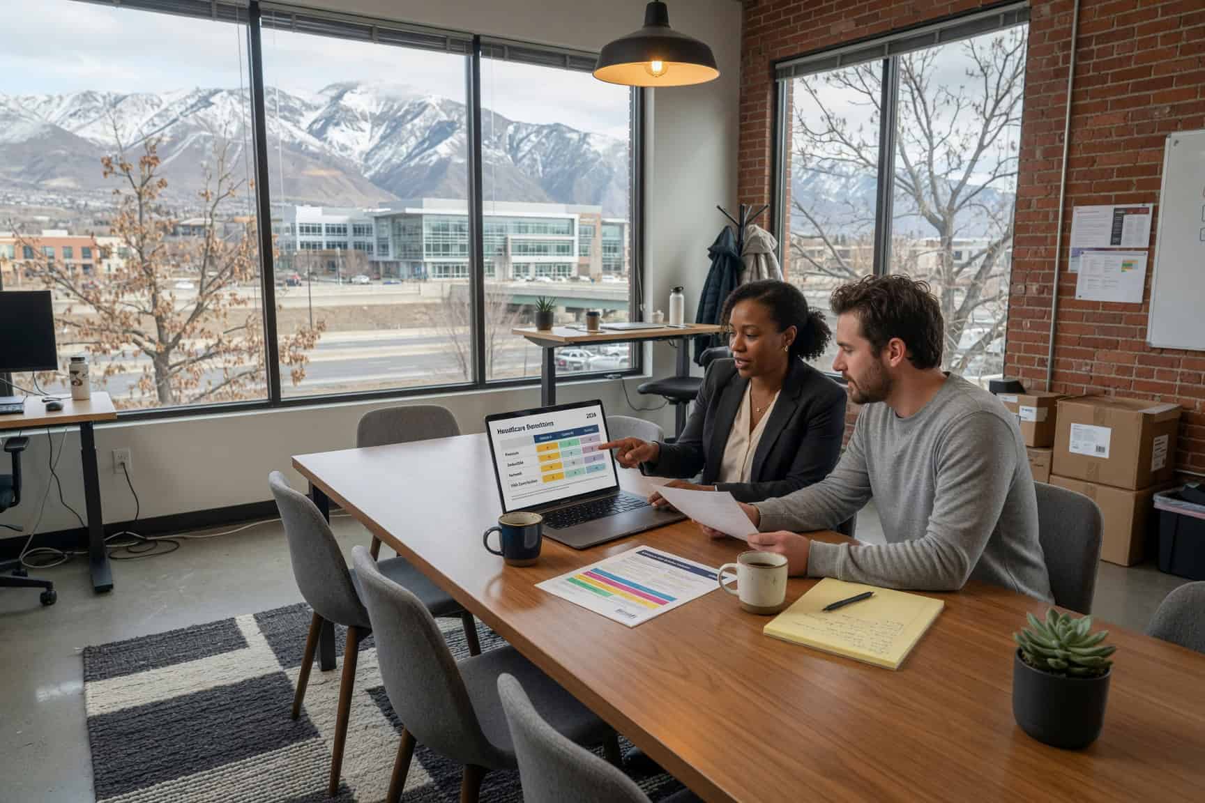 Lehi Utah Silicon Slopes small business owner reviewing 2026 ICHRA and Avenue H options with team member in modern startup office