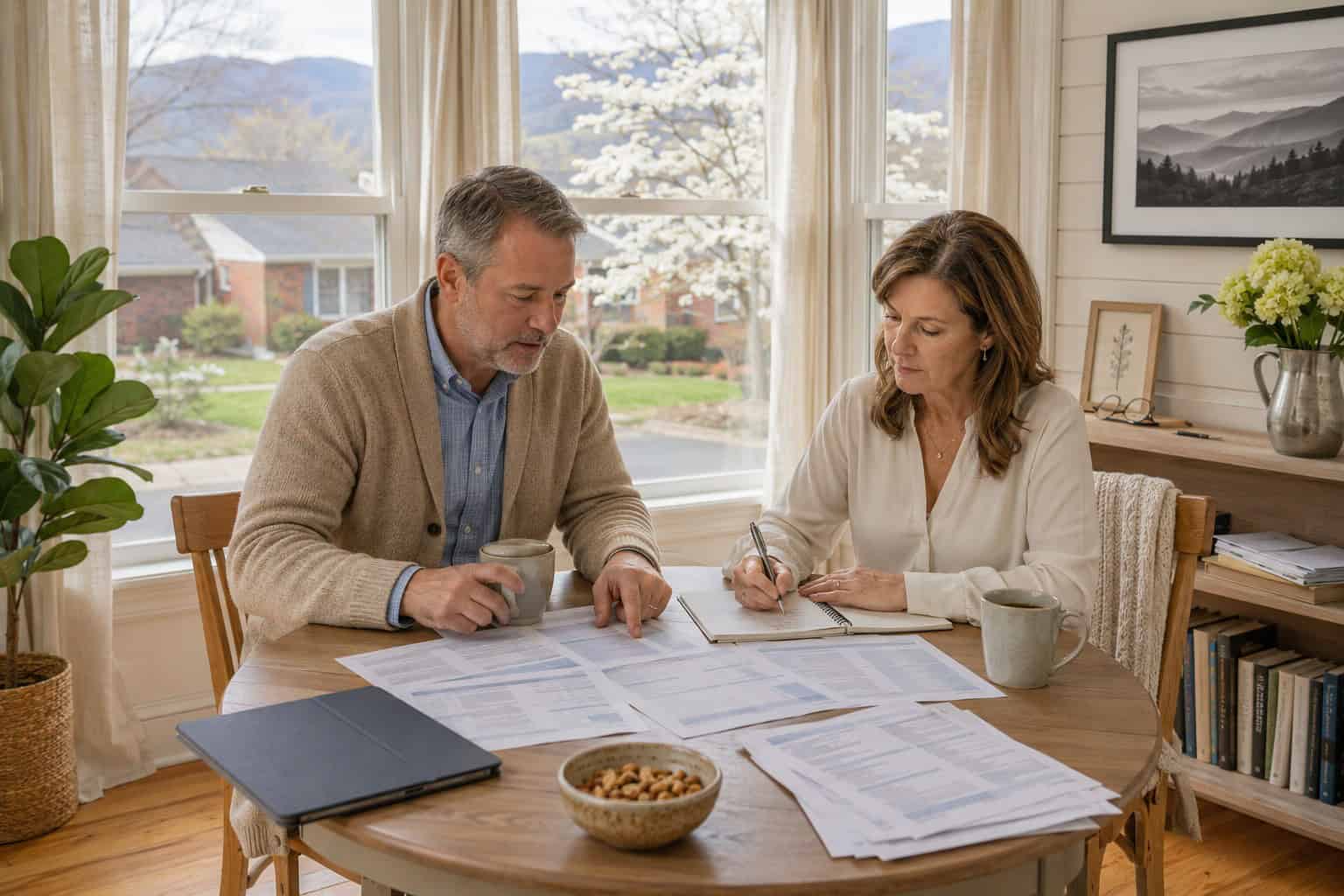 Roanoke Virginia couple comparing 2026 health insurance carrier options in a sunroom breakfast nook