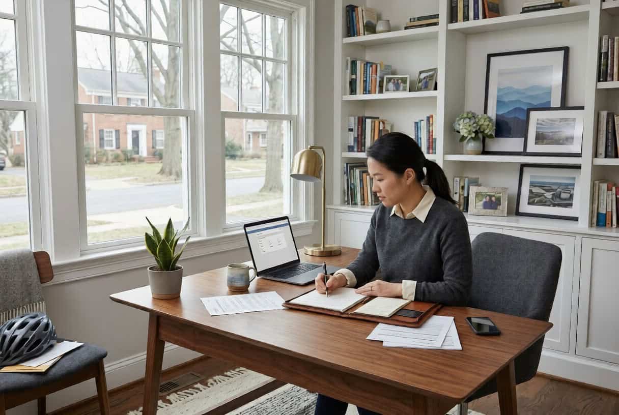 Self-employed Northern Virginia woman reviewing individual health insurance options at a home office desk in Arlington