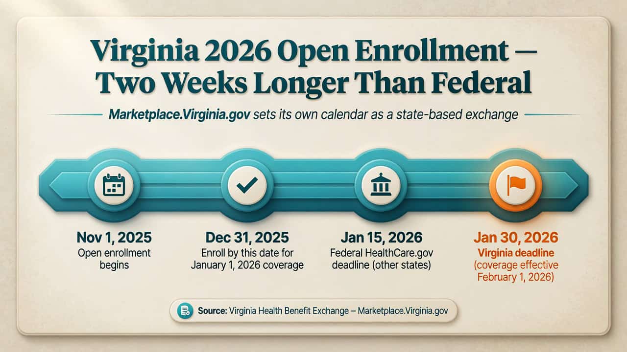 Virginia 2026 open enrollment timeline on Marketplace.Virginia.gov running November 1 2025 through January 30 2026, two weeks past the federal January 15 deadline