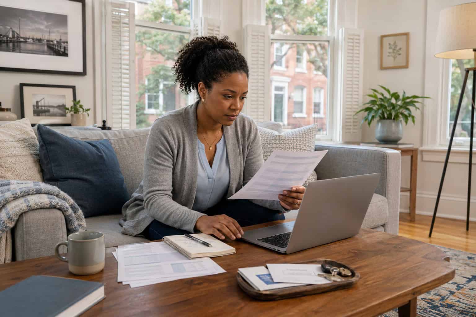 Norfolk Virginia woman comparing health insurance plans on a laptop in a Ghent neighborhood living room