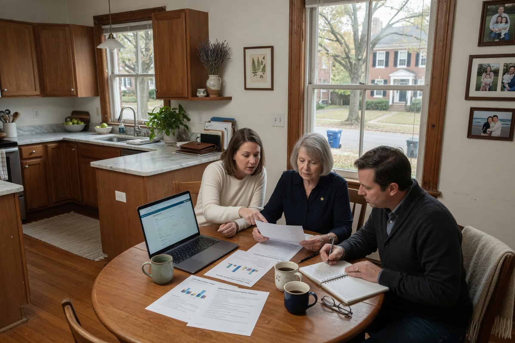 Virginia couple and elderly mother reviewing health insurance options at a Richmond kitchen table