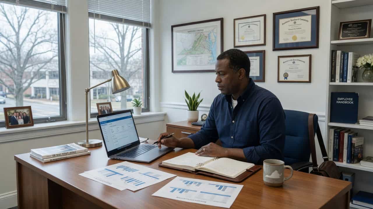 Northern Virginia small business owner reviewing employee health insurance options at his office desk in Tysons Corner