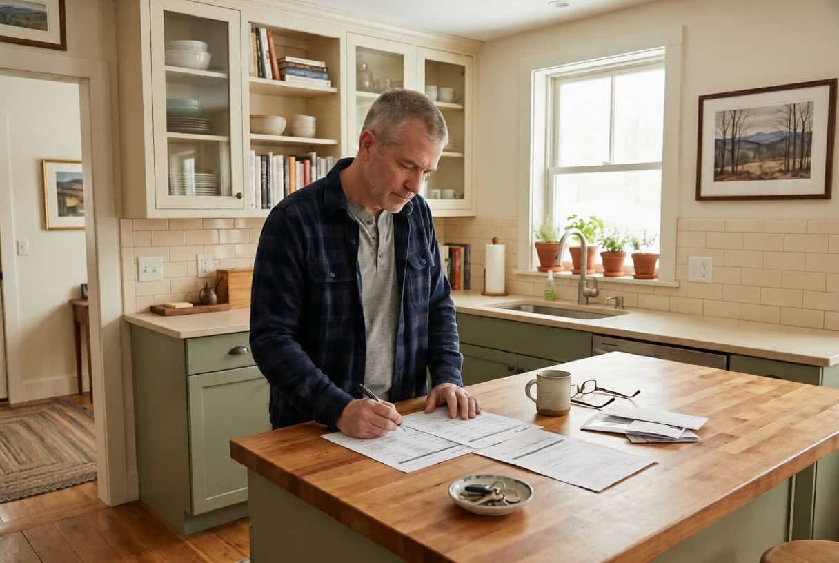 Vermont man reviewing health insurance plan documents at a kitchen counter in a Brattleboro home, 2026
