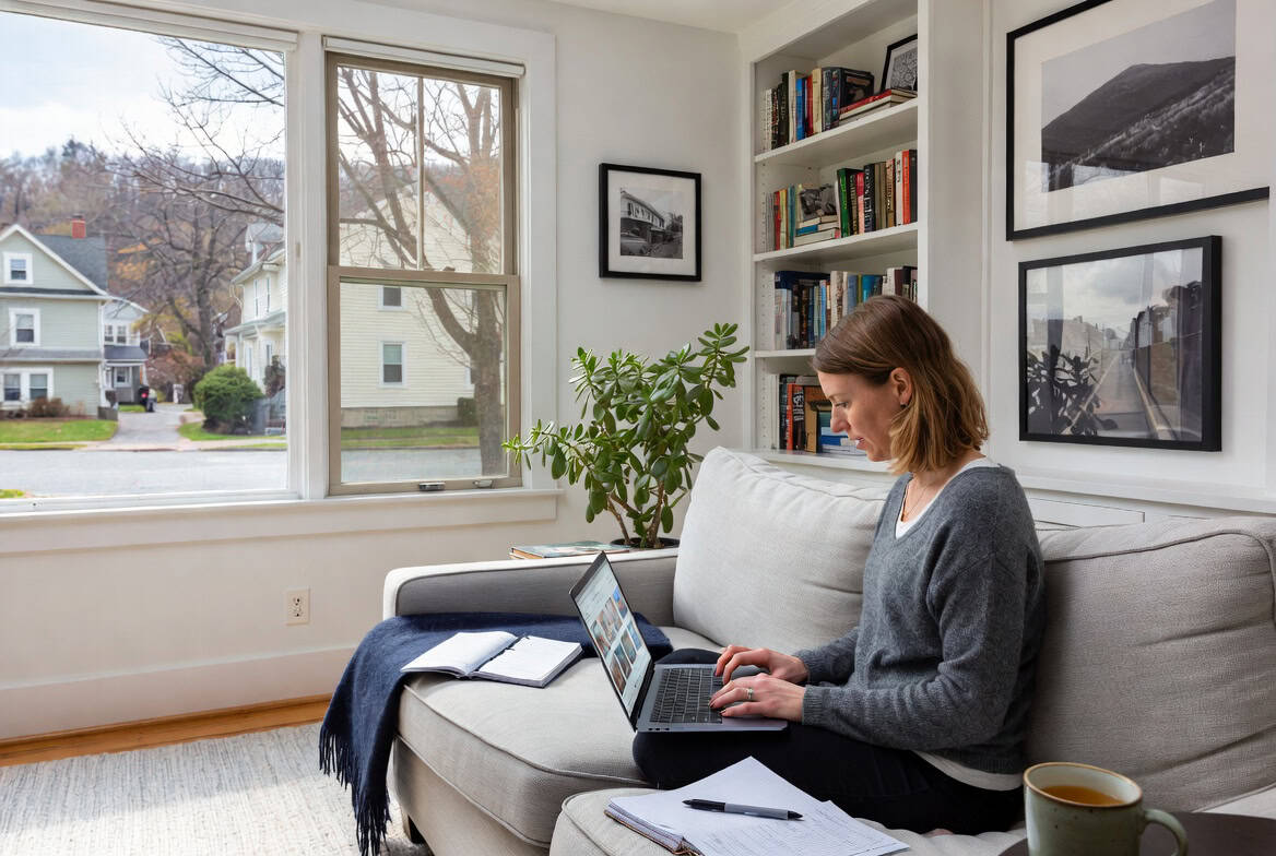 Vermont resident applying for 2026 health insurance on the Vermont Health Connect website from a Montpelier living room