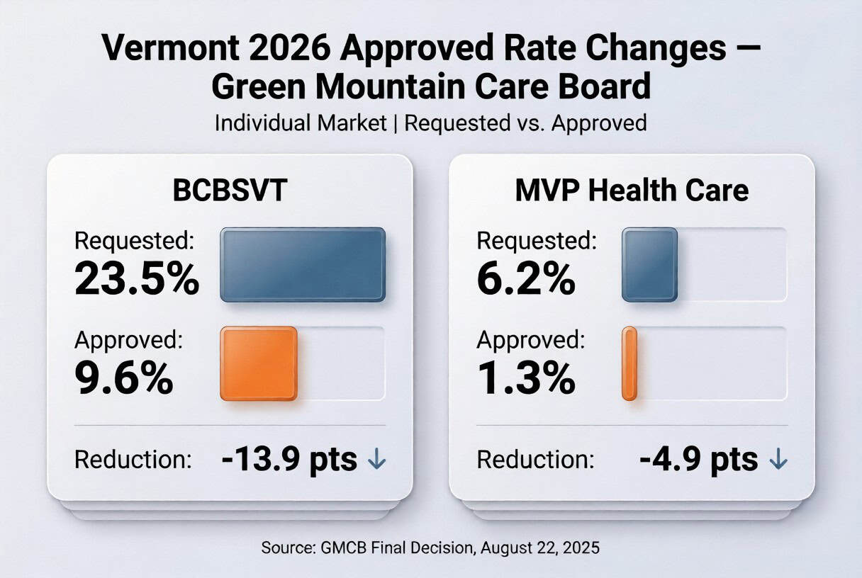 Vermont 2026 GMCB-approved health insurance rate changes — BCBSVT and MVP individual market chart