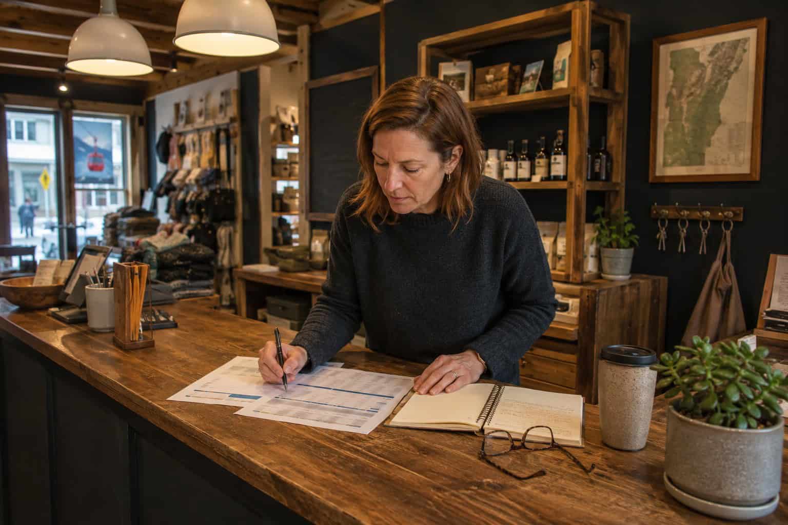 Vermont small business owner reviewing 2026 group health insurance options at her shop counter in Stowe