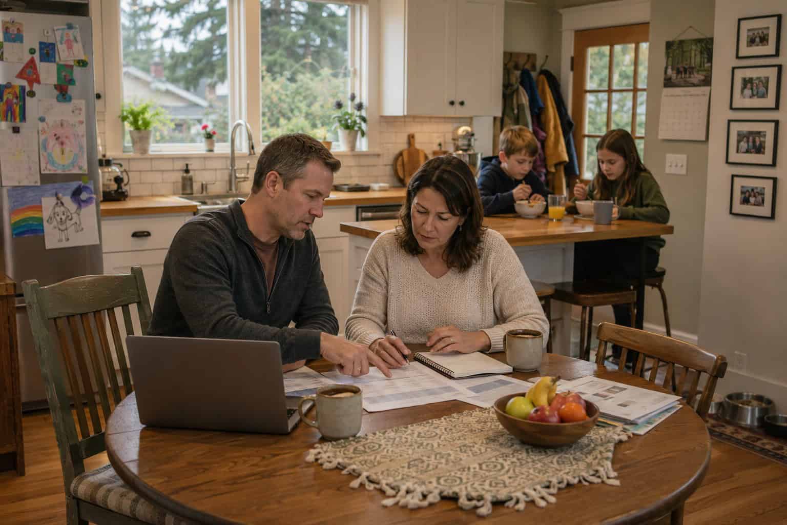 Bellingham Washington family at kitchen table reviewing affordable health insurance options in Washington state