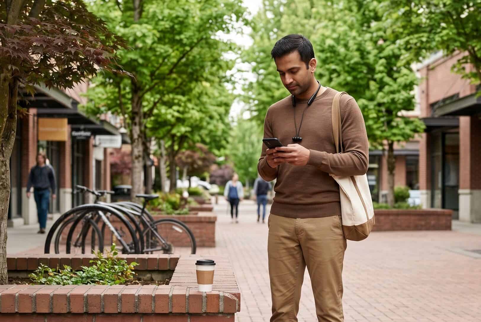 Self-employed Redmond Washington man reviewing individual health insurance options on a smartphone