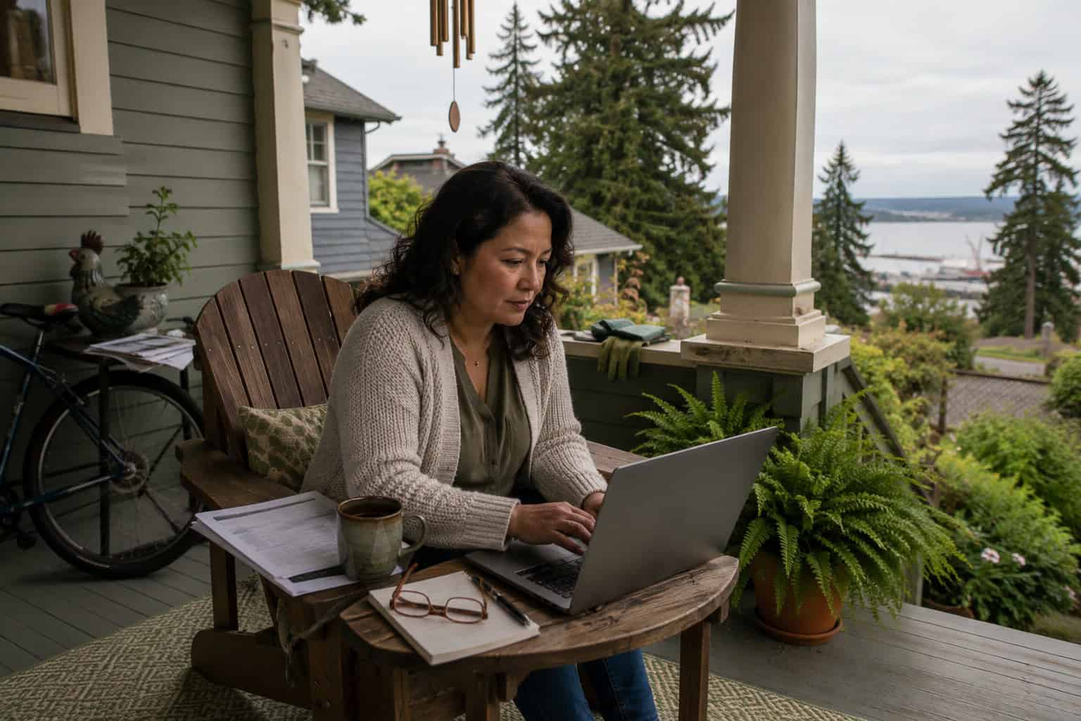 Tacoma Washington woman reviewing Washington Healthplanfinder plan options on a porch laptop